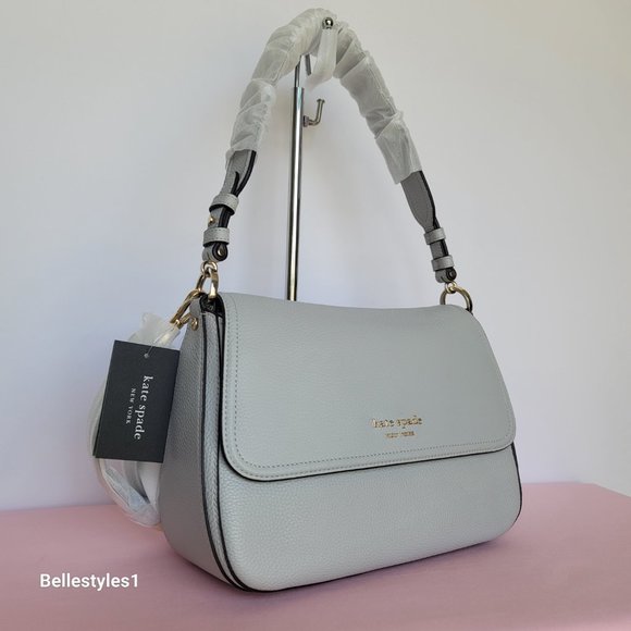 KATE SPADE Hudson Pebbled Leather Medium Flap Convertible Shoulder Bag-Platinum⭐ - Picture 2 of 16